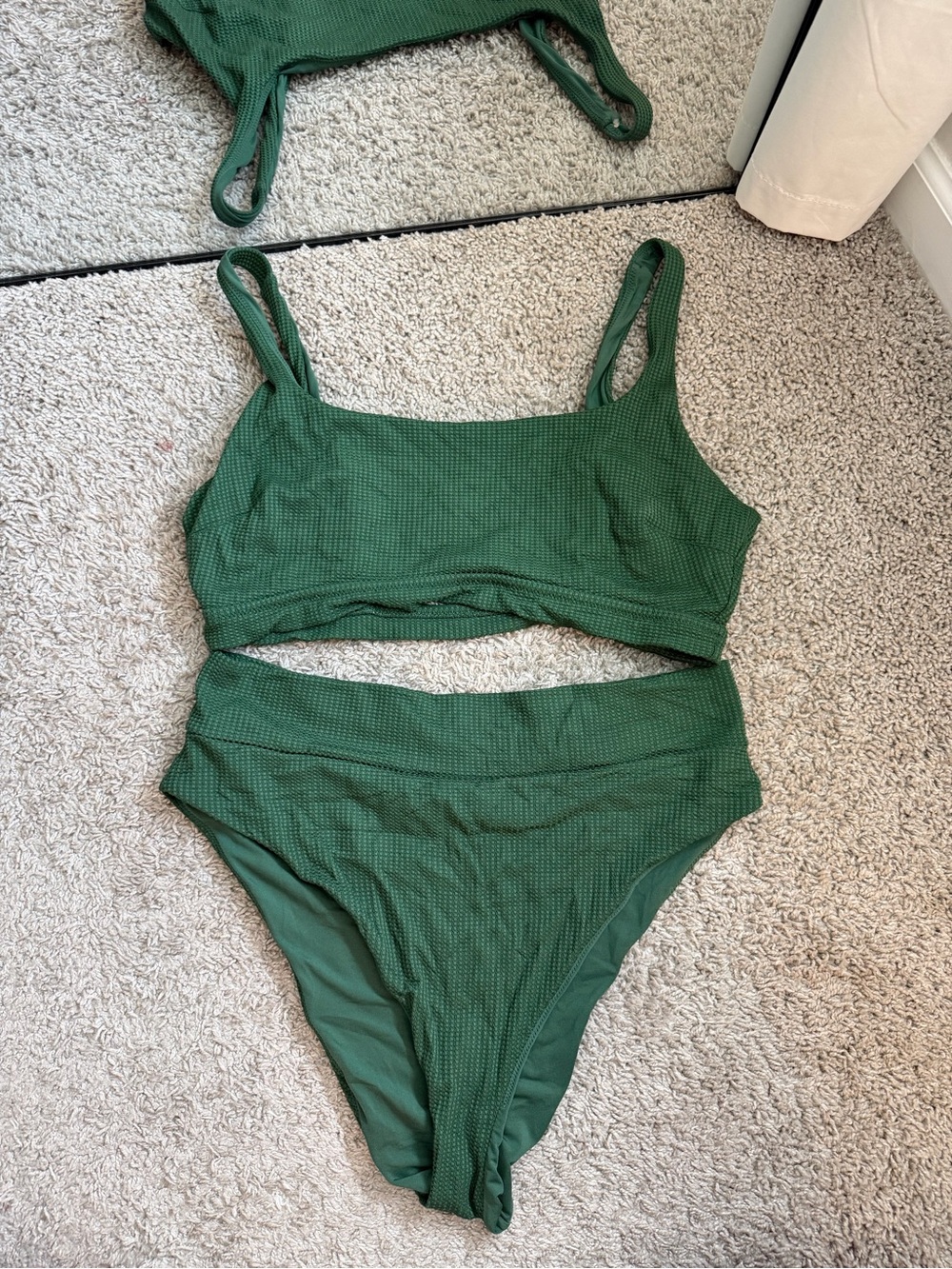 Aerie Deep Green Textured Bikini Set High Waisted Cheeky Scoop Top